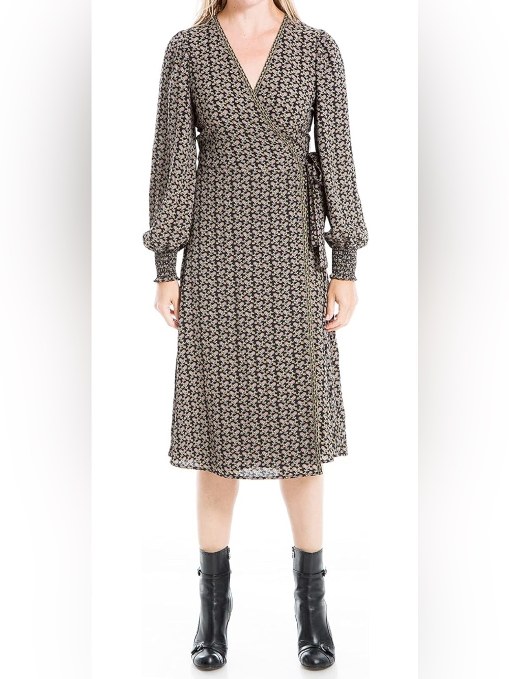 NWT Max Studio Floral Wrap Midi Dress Size Small Black Long Sleeve